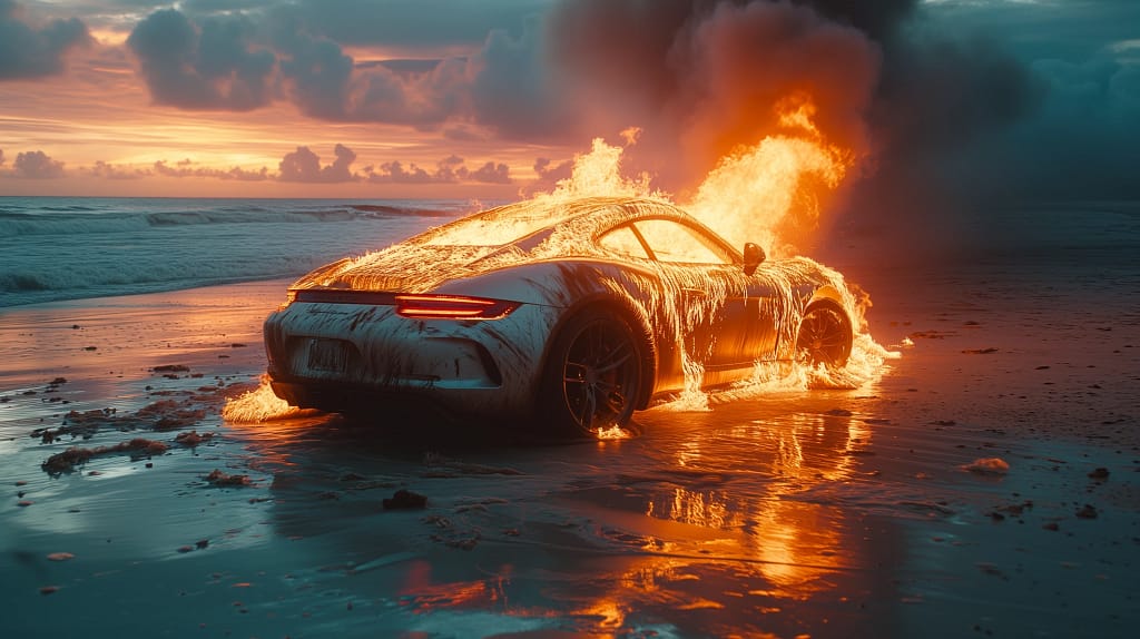 White Porsche on Fire