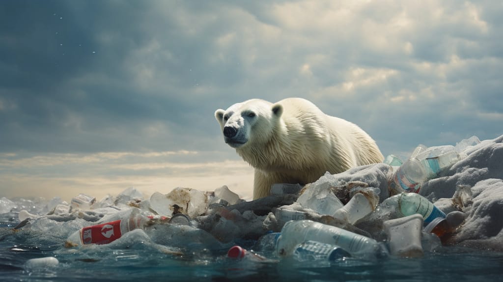 Polar Bear on Ice with Trash